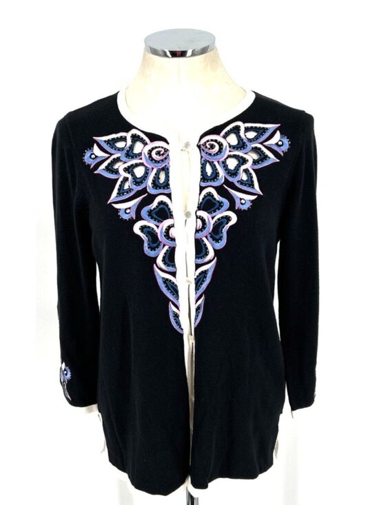 Mackie Sweaters - Bob Mackie Wearable Art Cardigan Sz S Sweater Black Embroidered Cut Out